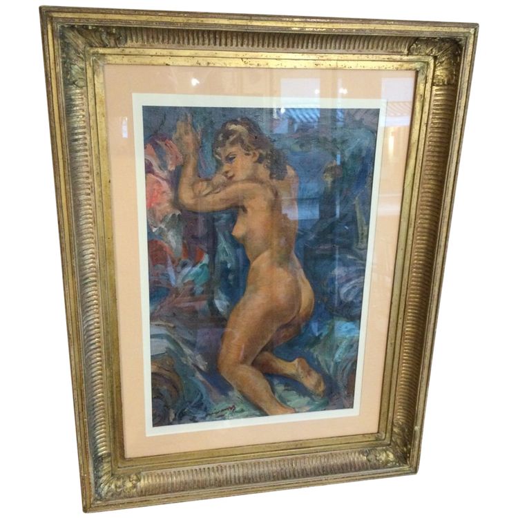 '' FEMME NUE AGENOUILLÉE'' , Huile Sur Toile De Pierre Creixams, Peintre ESPAGNOL