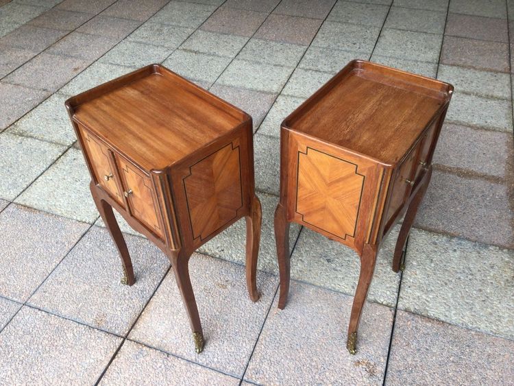 A Pair of Louis XV Style Marquetry Bedside Tables