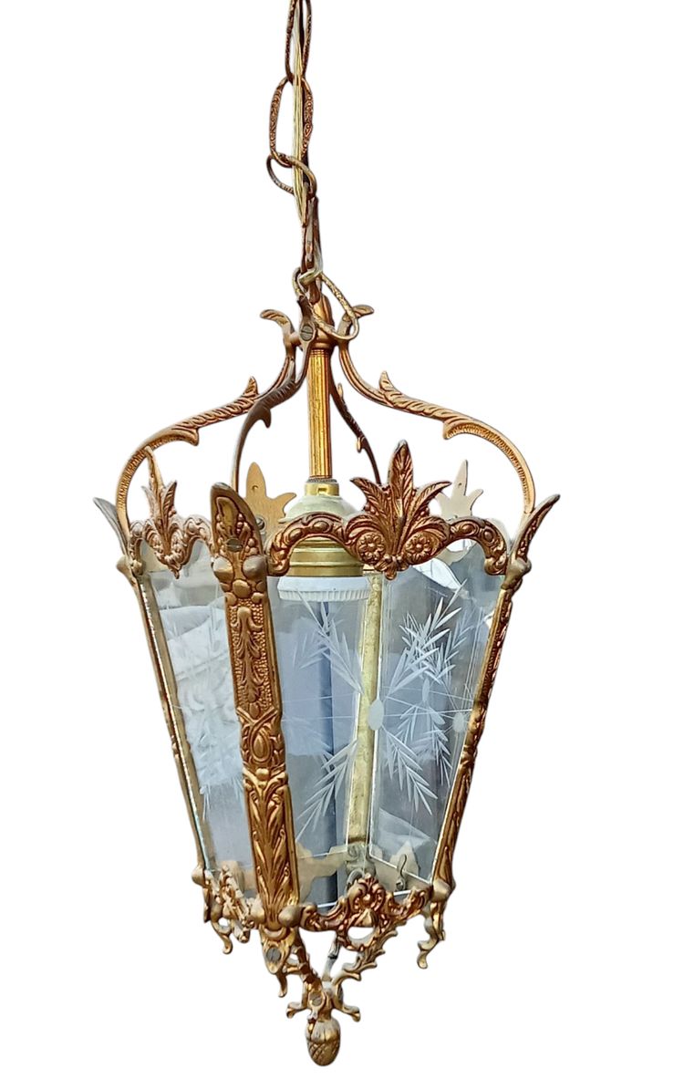 Ancienne suspension lanterne bronze et verre 