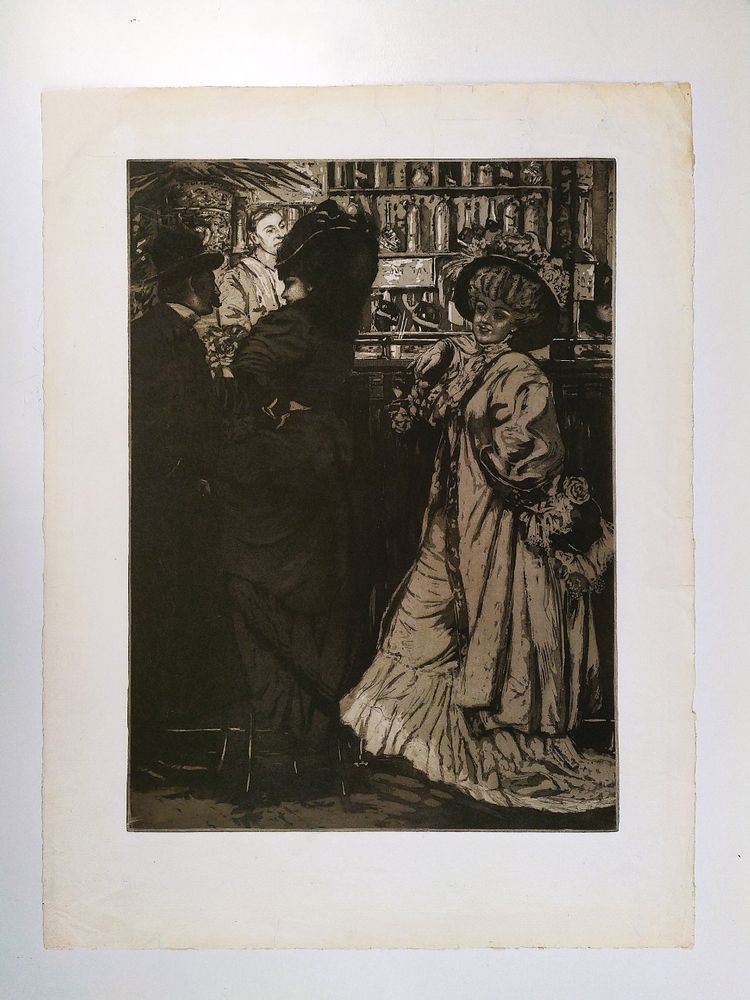 Pariser Frauen an der Bar, antike Jugendstil-Gravur, um 1900