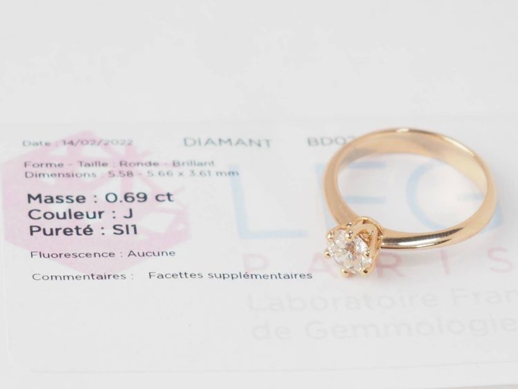 Solitaire ring in rose gold and certified 0.69ct diamond