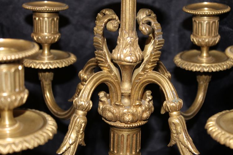 Pair of bronze candelabra candlesticks with 5 light arms in the Louis XVI style, 19th century