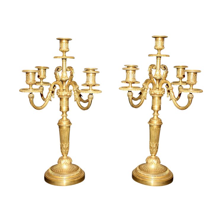 Paire de chandeliers candélabres en bronze à 5 bras de lumière de style Louis XVI époque 19ème