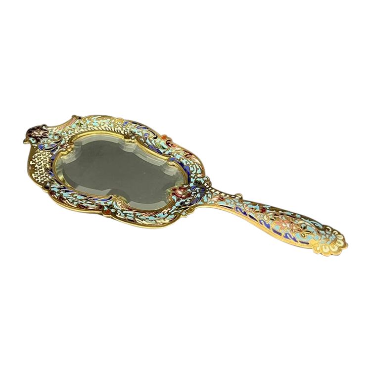 Specchio a mano in smalto cloisonné, vetro bisellato. Circa 1900