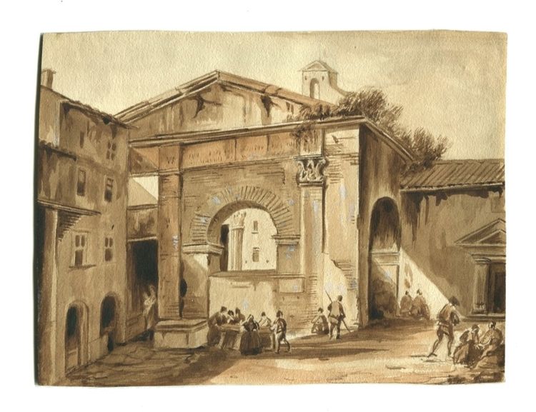 Il Portico di Ottavia a Roma - Italia c.1840 Disegno originale antico lavato