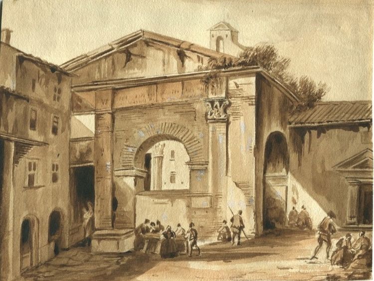 Il Portico di Ottavia a Roma - Italia c.1840 Disegno originale antico lavato