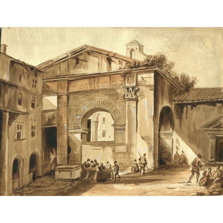 Le Portique d'Octavie à Rome - Italie c.1840  Dessin  au lavis original ancien