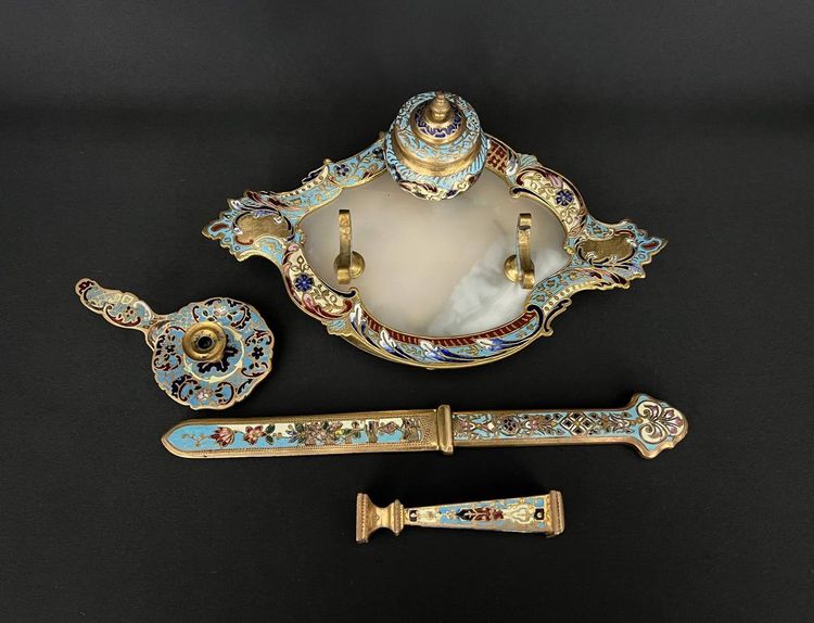 Ensemble d'écriture En émail Cloisonné Et Bronze Doré – XIXe Siècle