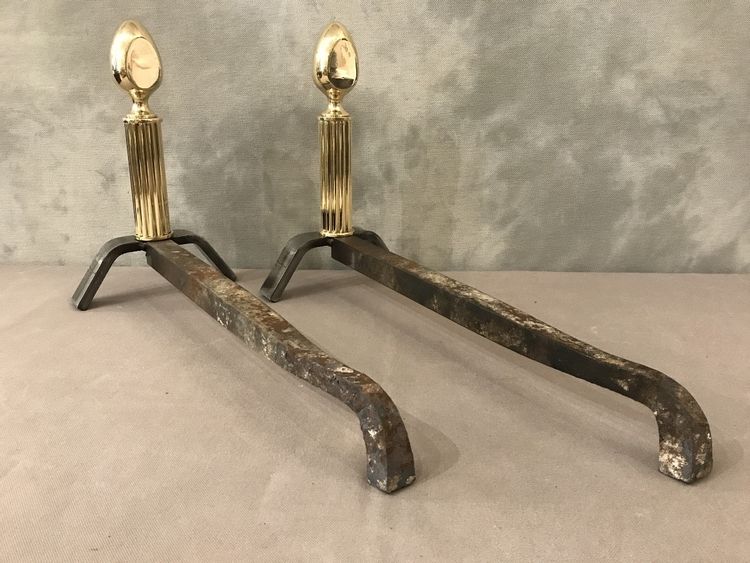 Pair of modernist iron and brass andirons circa 1970