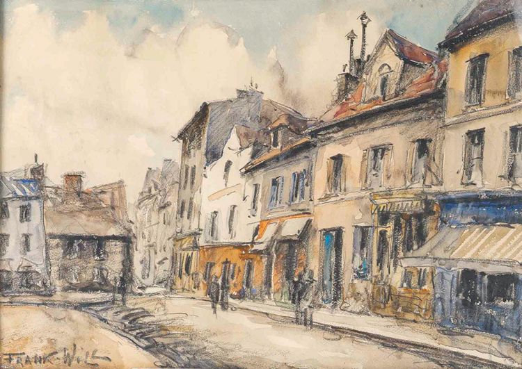 Frank Will (1900-1951) Belebte Straße, Aquarell eines Dorfes in der Normandie, circa 1925-1930