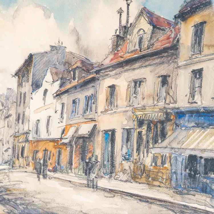 Frank Will (1900-1951) Belebte Straße, Aquarell eines Dorfes in der Normandie, circa 1925-1930