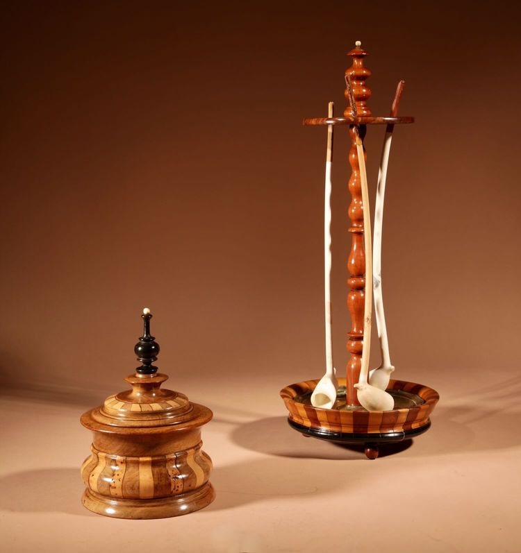 Treen, Tobacco Interest, Set of a Mahogany Barrel Pipe Stand and its Mahogany Tobacco Box