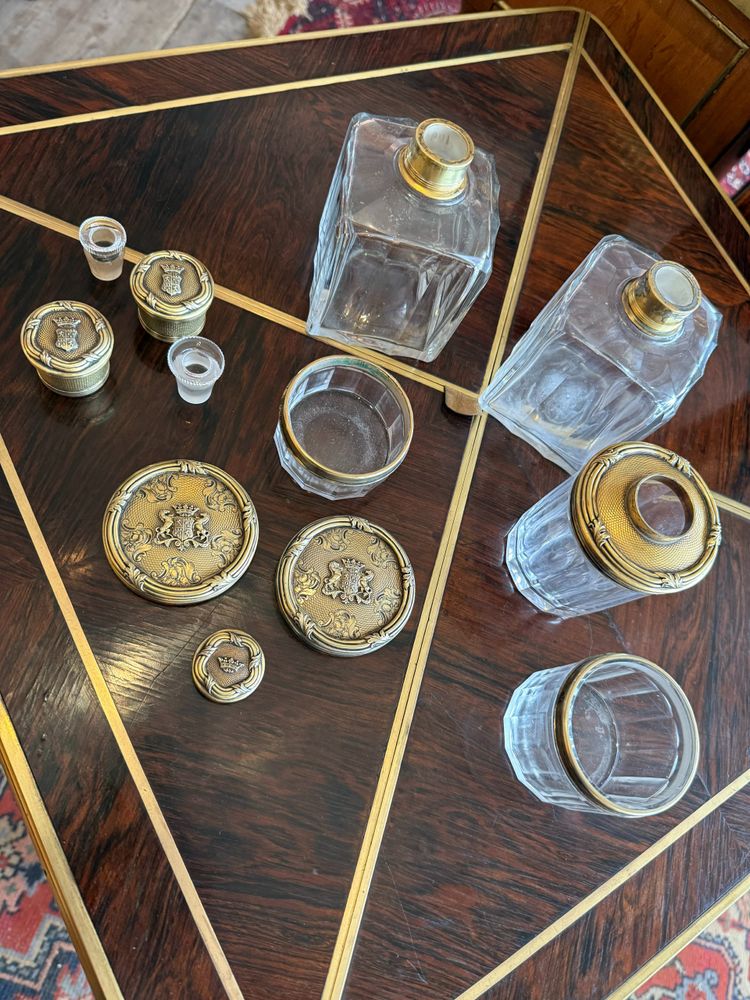 SET OF POTS AND TOILETRY BOTTLES BY A. AUCOC SILVERWARE