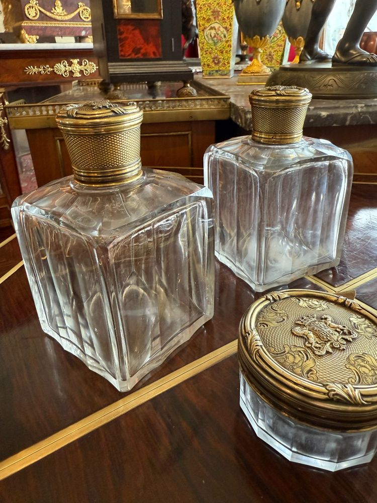 SET OF POTS AND TOILETRY BOTTLES BY A. AUCOC SILVERWARE