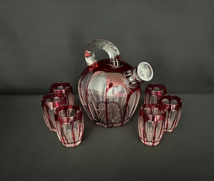 Red Lined Crystal Liqueur Service (Attributed to St Louis)