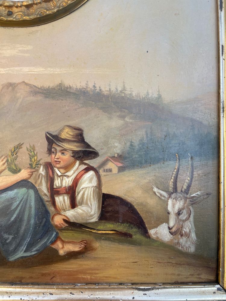 Swiss Clock Painting Circa 1840 with Decor of a Shepherdess