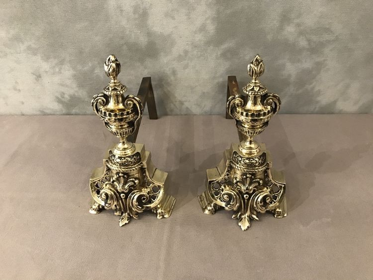 Pair of antique bronze andirons from the 19th century in Louis XV / Louis XVI style