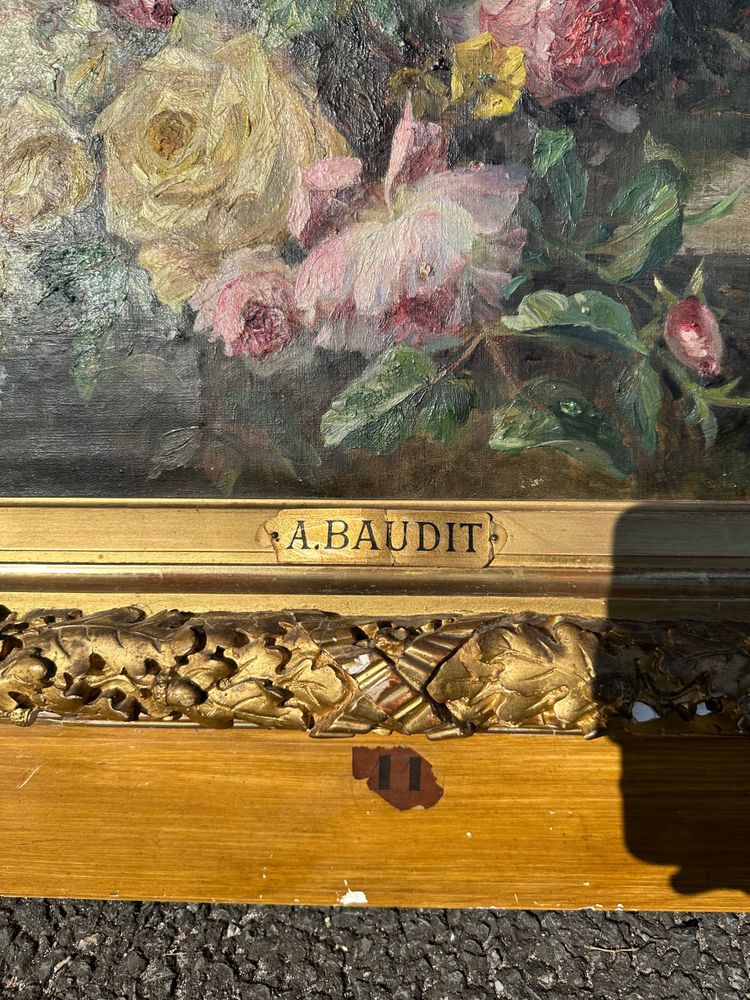 Auf ein Gebälk geworfene Blume, signiert bei. Baudit (1825–1890)