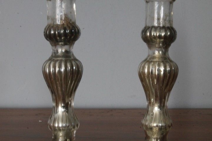 Coppia di antichi Candelieri –Candelabri Vetro Murano XIX sec all ‘ argento . Mis h 17 