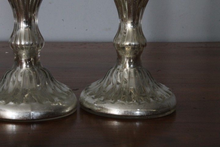 Coppia di antichi Candelieri –Candelabri Vetro Murano XIX sec all ‘ argento . Mis h 17 