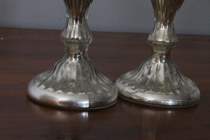 Coppia di antichi Candelieri –Candelabri Vetro Murano XIX sec all ‘ argento . Mis h 17 