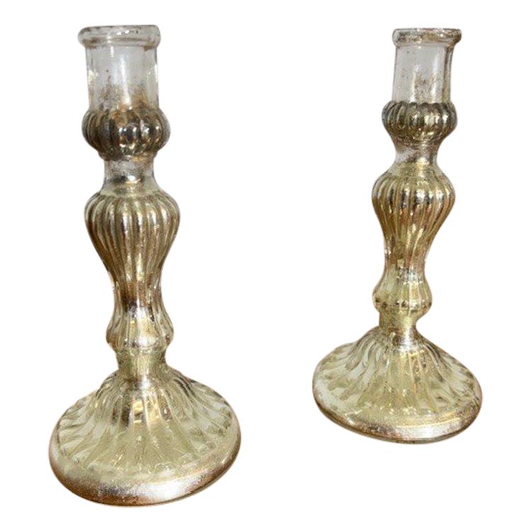 Coppia di antichi Candelieri –Candelabri Vetro Murano XIX sec all ‘ argento . Mis h 17 