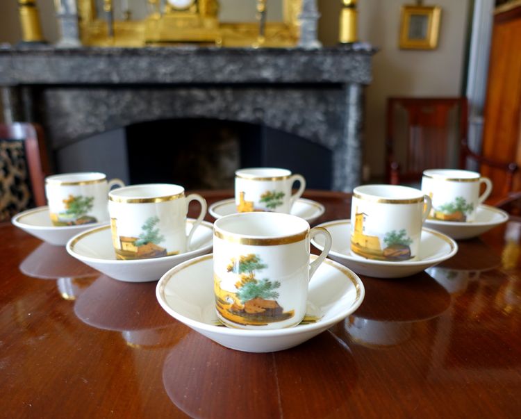 Service à café Empire en porcelaine de Paris dorée à l'or fin et paysages italiens, 6 tasses