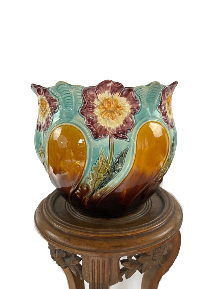 Grande vaso di fiori Barbotine – Art Nouveau – Fabbrica di Onnaing, Francia