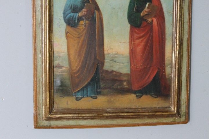 Ancienne peinture à l'huile sur toile du XVIIIe siècle représentant Saint Pierre et Saint Paul. Dans un cadre laqué contemporain.