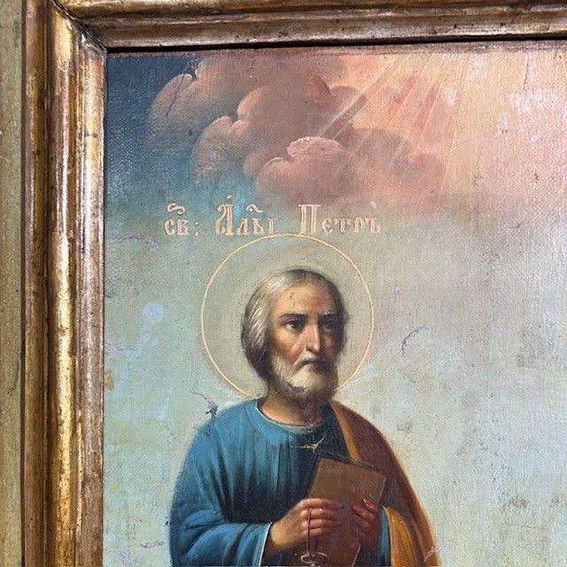 Ancienne peinture à l'huile sur toile du XVIIIe siècle représentant Saint Pierre et Saint Paul. Dans un cadre laqué contemporain.