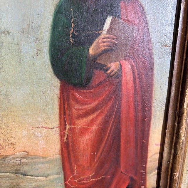 Ancienne peinture à l'huile sur toile du XVIIIe siècle représentant Saint Pierre et Saint Paul. Dans un cadre laqué contemporain.