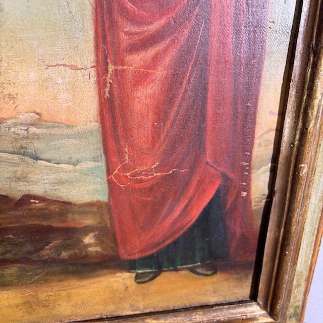 Antico dipinto olio su tela XVIII se raffigurante San Pietro e San Paolo . In cornice laccata coeva.