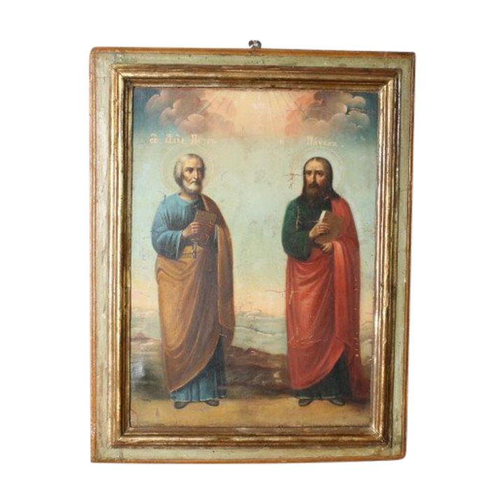 Ancienne peinture à l'huile sur toile du XVIIIe siècle représentant Saint Pierre et Saint Paul. Dans un cadre laqué contemporain.