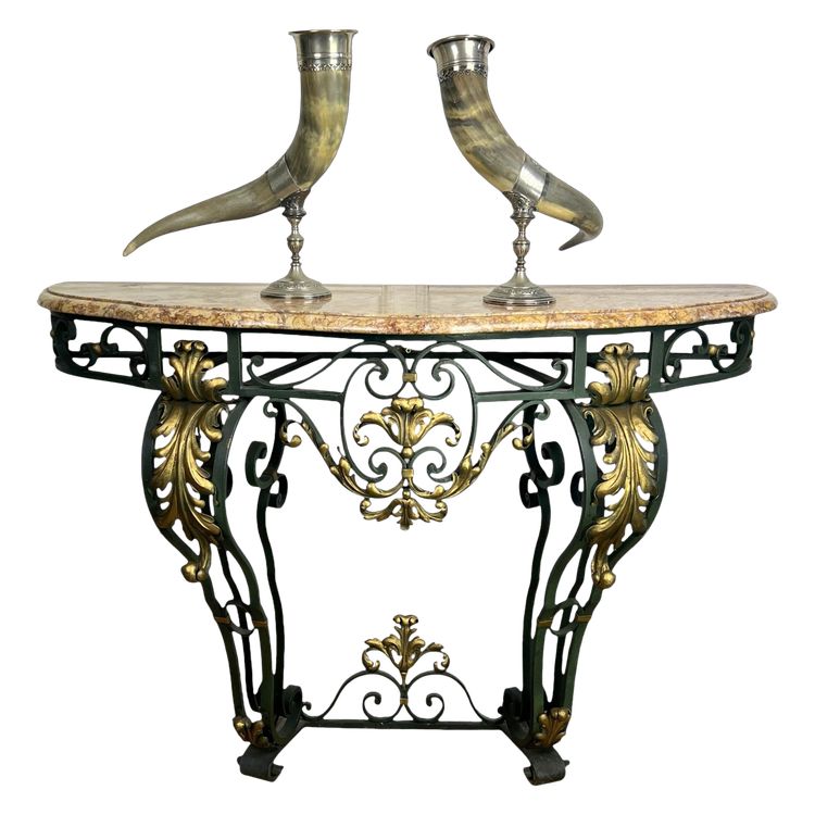 CONSOLE EN FER FORGÉ A DÉCOR DE FEUILLAGES AVEC DESSUS MARBRE ÉPOQUE ART DECO