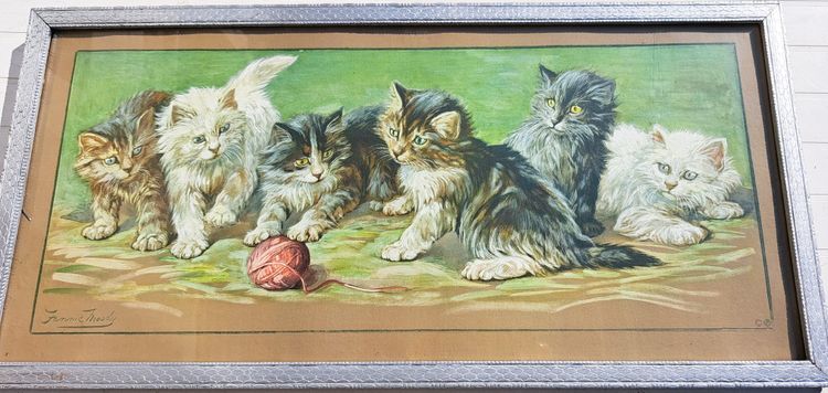 Painting engraving by Fannie Moody cats playing with ball of wool 20th century