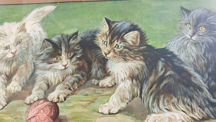 Painting engraving by Fannie Moody cats playing with ball of wool 20th century