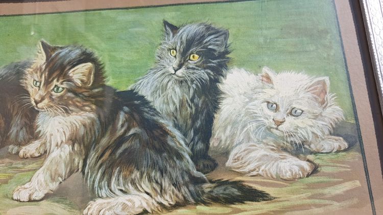 Painting engraving by Fannie Moody cats playing with ball of wool 20th century