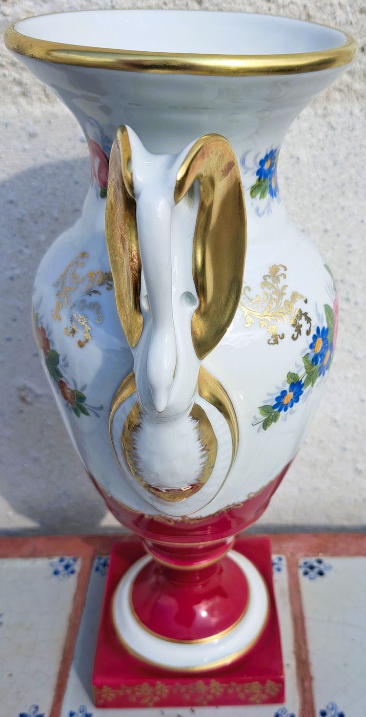 French Pilllivuyt vase marked porcelain swan head handles hand painted