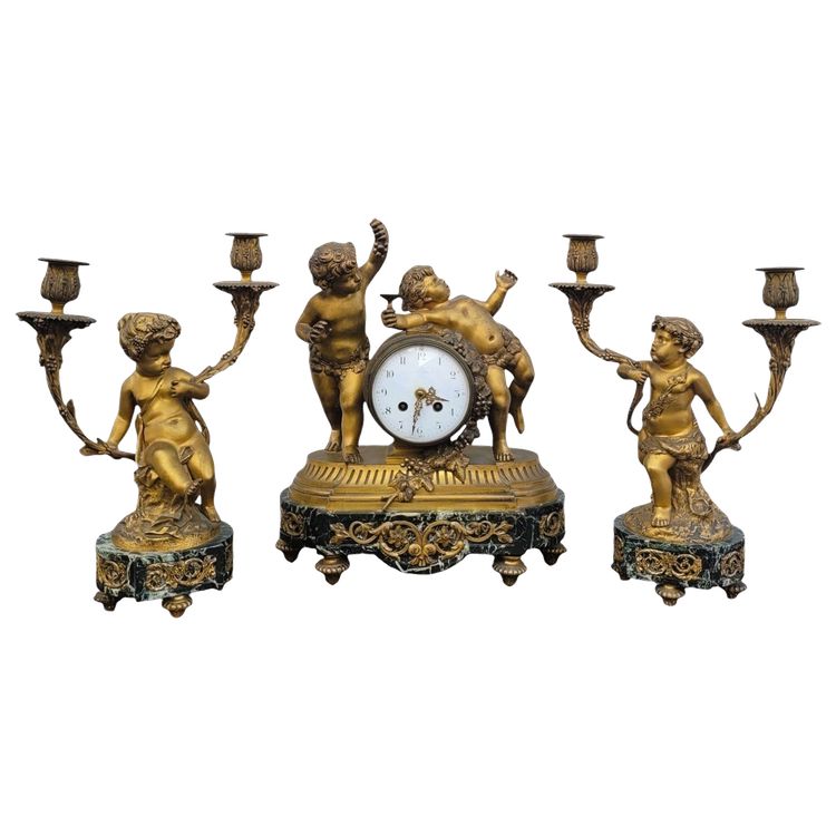 Clodion, Gilt Bronze Fireplace Set, 19th Century