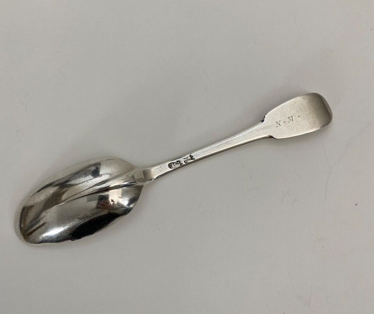 18th century silver stew spoon, Farmers General hallmarks NM 72 grams