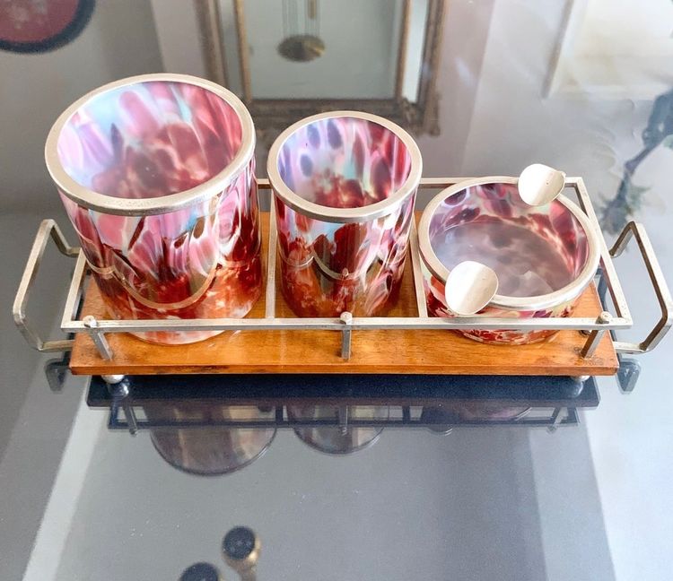 Iridescent Glass Smoking Set - Art Deco Modernist Style - Wood Metal Tray