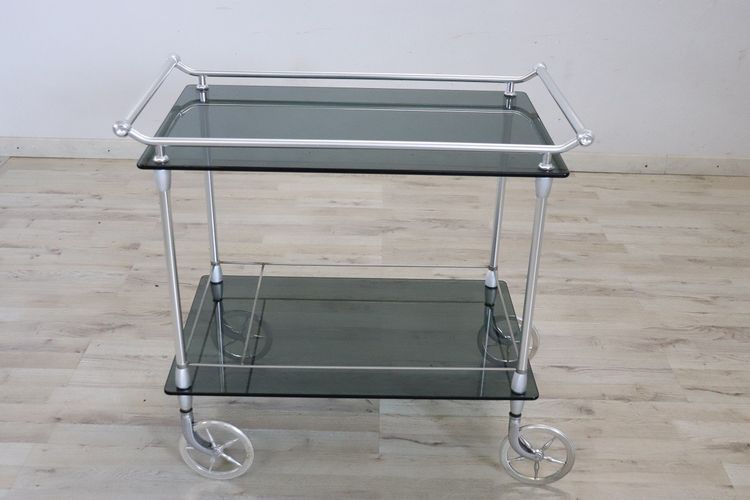 Chariot De Bar En Verre Et Métal Chromé, 1980s