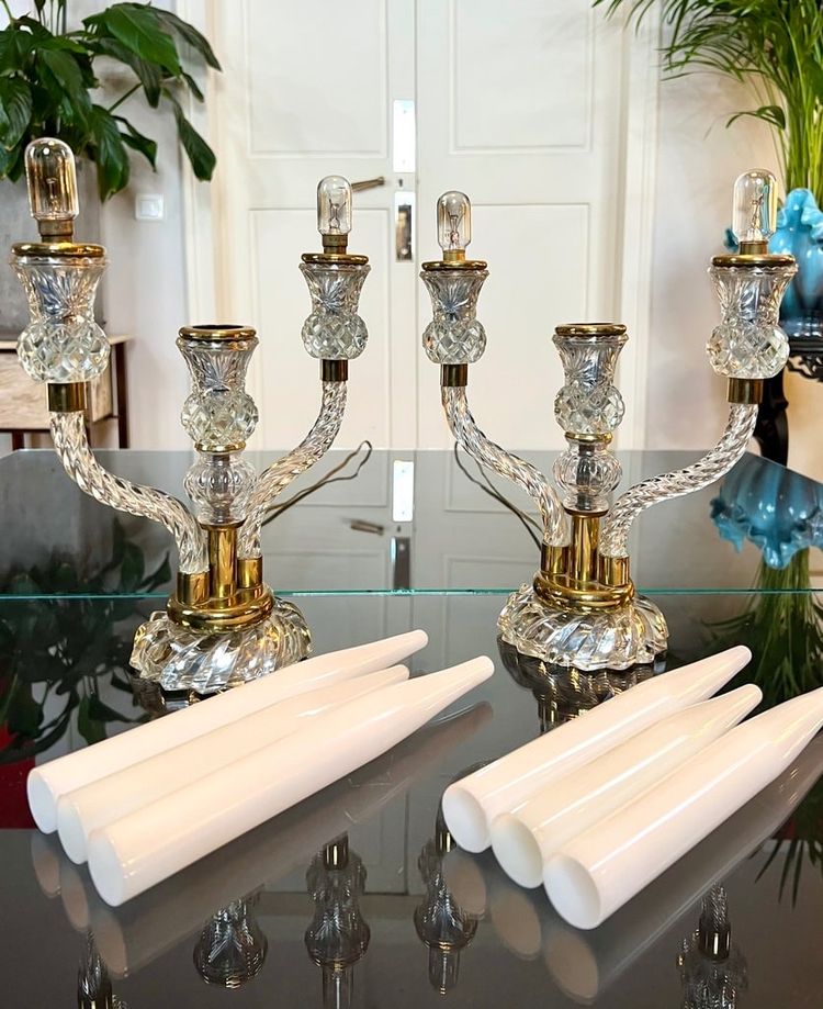 Pair of Table Lamps - Art Deco Glass Candelabras with Faux Opaline Candles