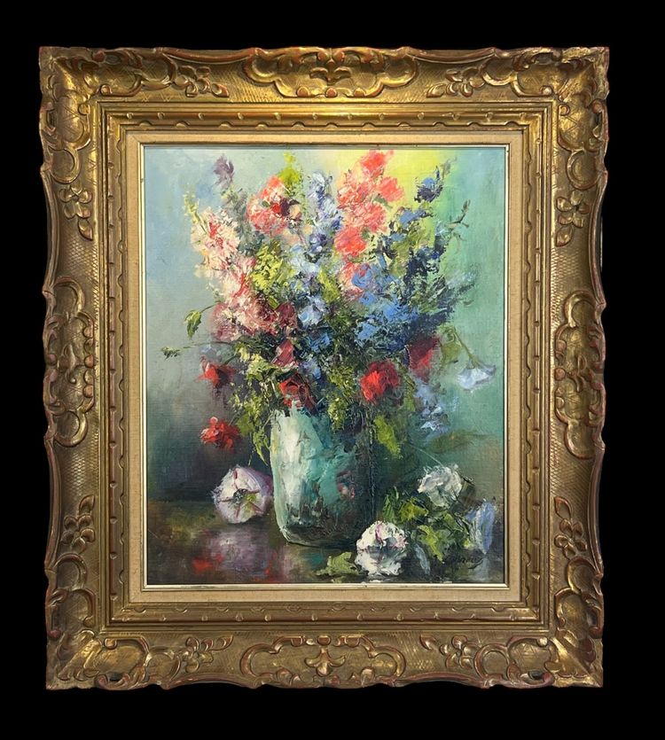 DIPINTO / PITTURA / OLIO SU TELA RAFFIGURANTE UN MAZZO DI FIORI INCORNICIATO