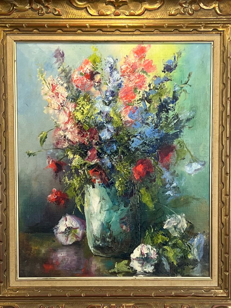 DIPINTO / PITTURA / OLIO SU TELA RAFFIGURANTE UN MAZZO DI FIORI INCORNICIATO