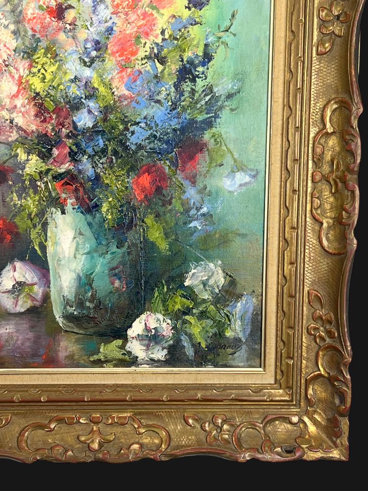 DIPINTO / PITTURA / OLIO SU TELA RAFFIGURANTE UN MAZZO DI FIORI INCORNICIATO