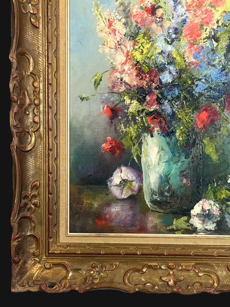 DIPINTO / PITTURA / OLIO SU TELA RAFFIGURANTE UN MAZZO DI FIORI INCORNICIATO