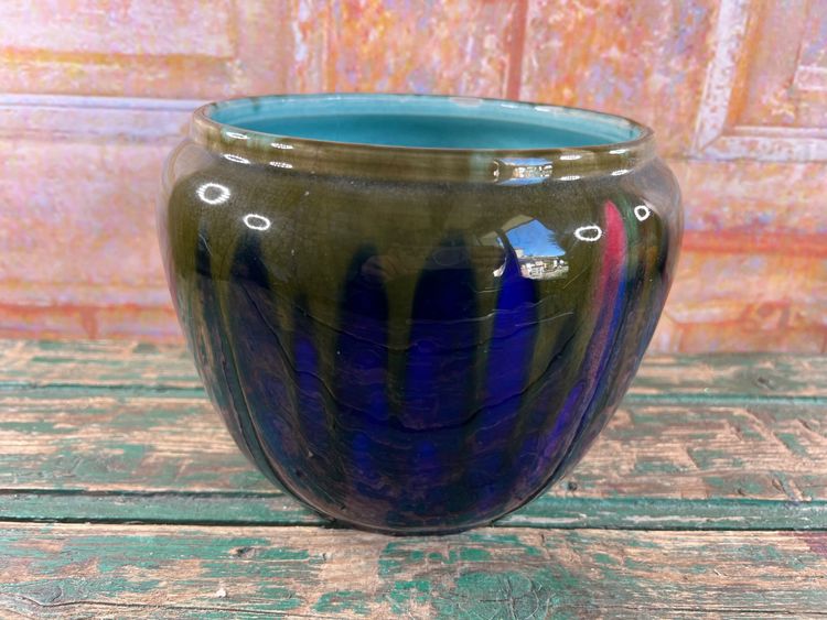 Ceramic planter signed Orchies – France, blue and green enamel