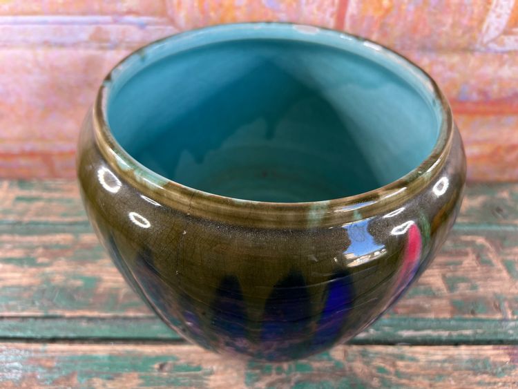 Vaso in ceramica firmato Orchies – Francia, smalto blu e verde