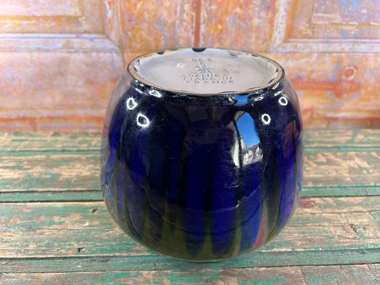 Ceramic planter signed Orchies – France, blue and green enamel